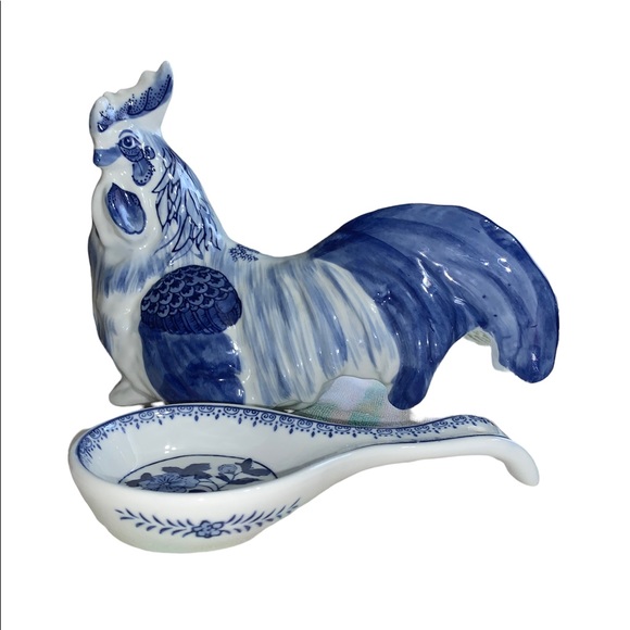 Lot of 2 Vintage Knobler Blue & White China Spoon Rest & Hen Chicken Rooster